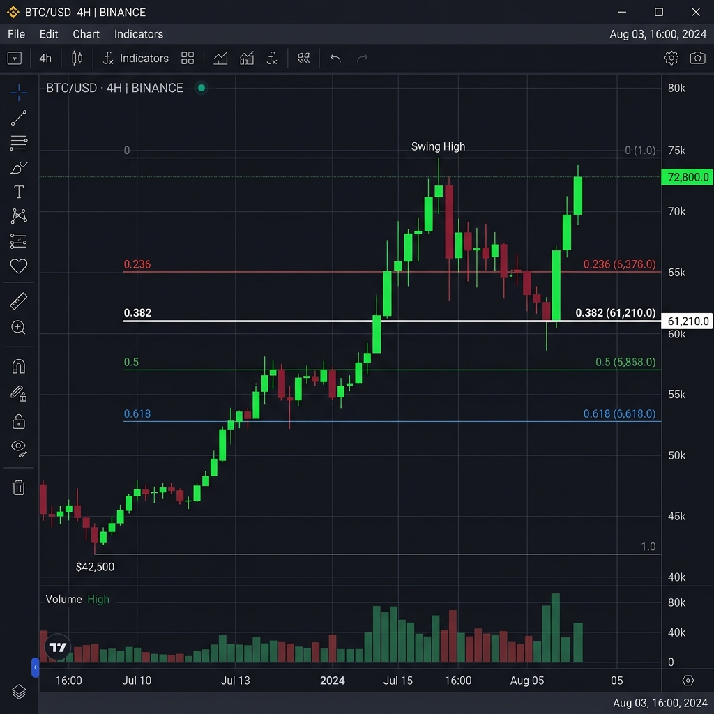 Fibonacci Retracement Cơ Bản: 0.382, 0.5 và 0.618 Dùng Khi Nào? Giá chạm nhẹ vùng 0.382 rồi lập tức bật tăng mạnh mẽ