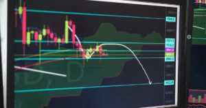 Close-up of a cryptocurrency trading chart displayed on a monitor, showing market trends and analysis.