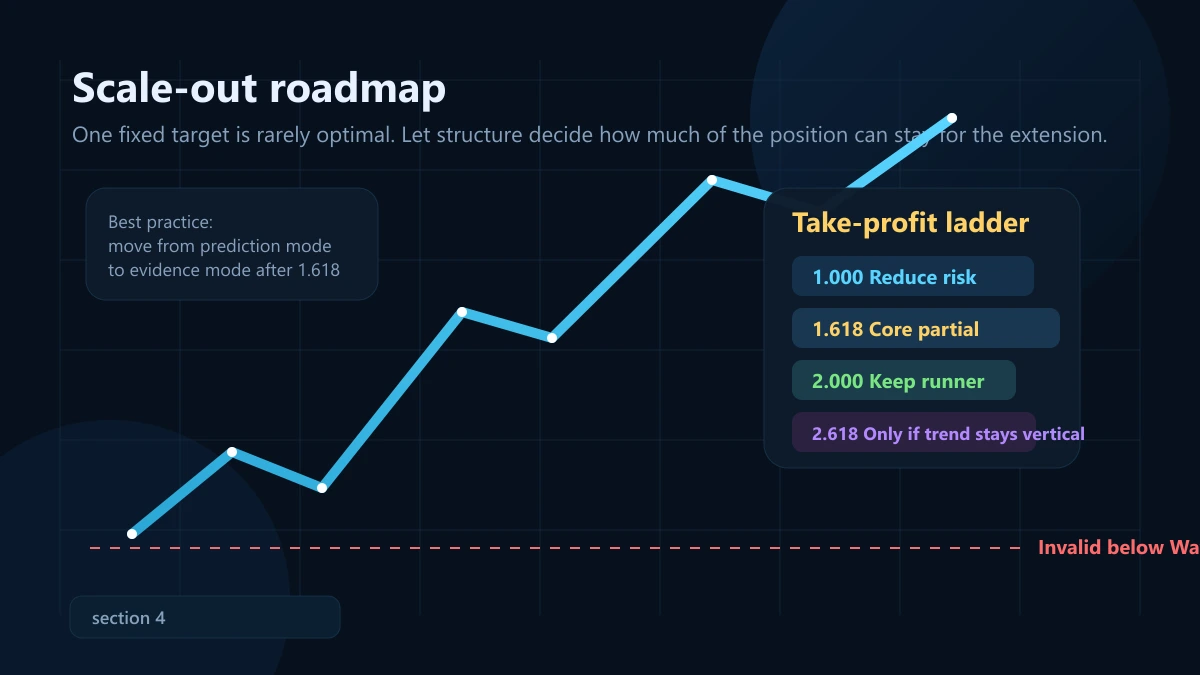 Sóng 3 mở rộng: dấu hiệu nhận biết và cách đặt target bằng Fibonacci Đồ họa lộ trình chốt lời theo từng mốc Fibonacci khi giao dịch Sóng 3 mở rộng
