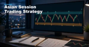 Premium AI trading education image for Asian session trading strategy with range and liquidity zones