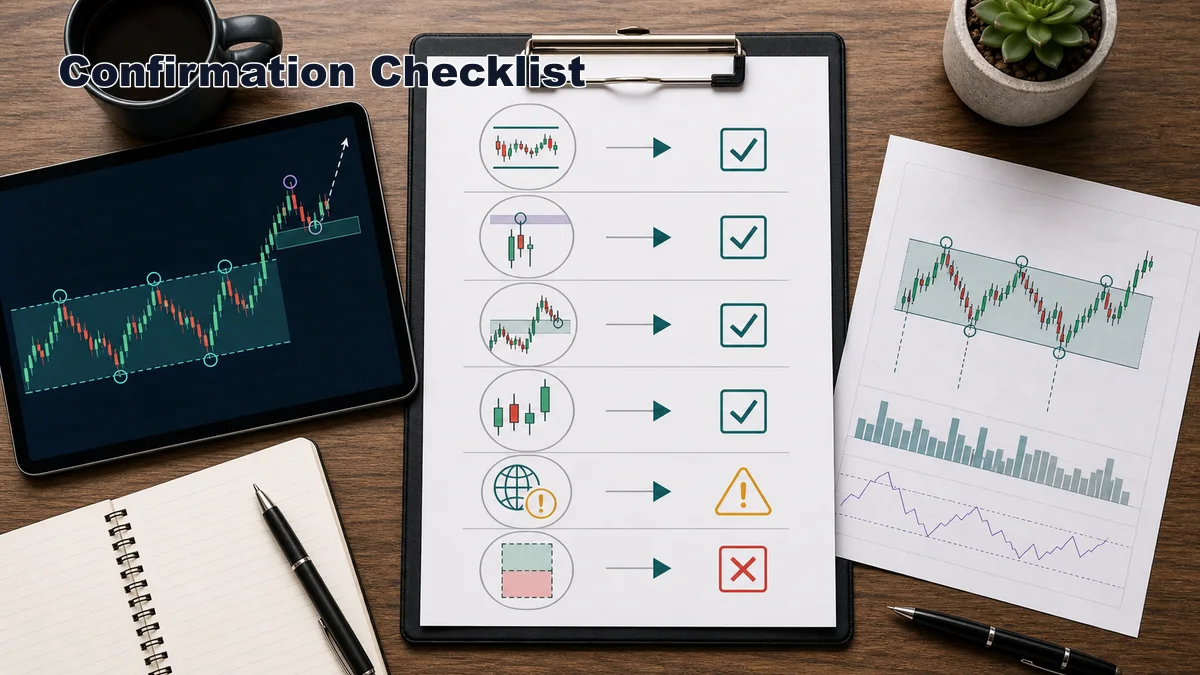 Asian Session Trading Strategy AI image showing Asian session confirmation checklist with range liquidity breakout retest spread news and risk checks