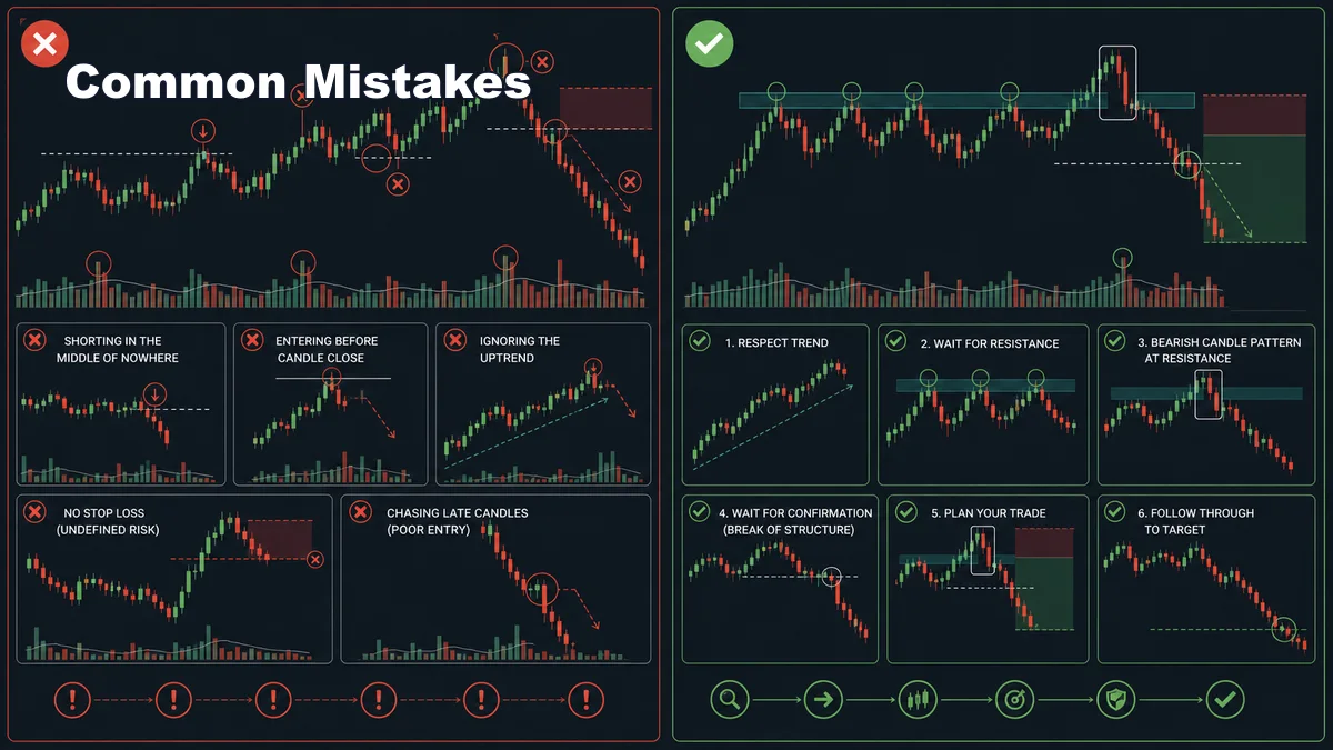 Bearish Candlestick Patterns Every Trader Should Know AI image showing common bearish candlestick pattern mistakes with early entries ignored trend no stop loss weak context and corrected checklist