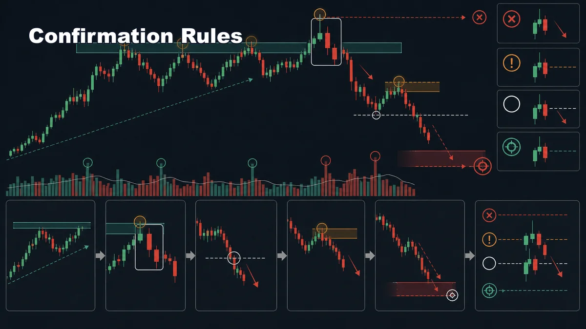 Bearish Candlestick Patterns Every Trader Should Know AI image showing bearish candlestick confirmation rules with pattern low break resistance hold volume invalidation and target zone