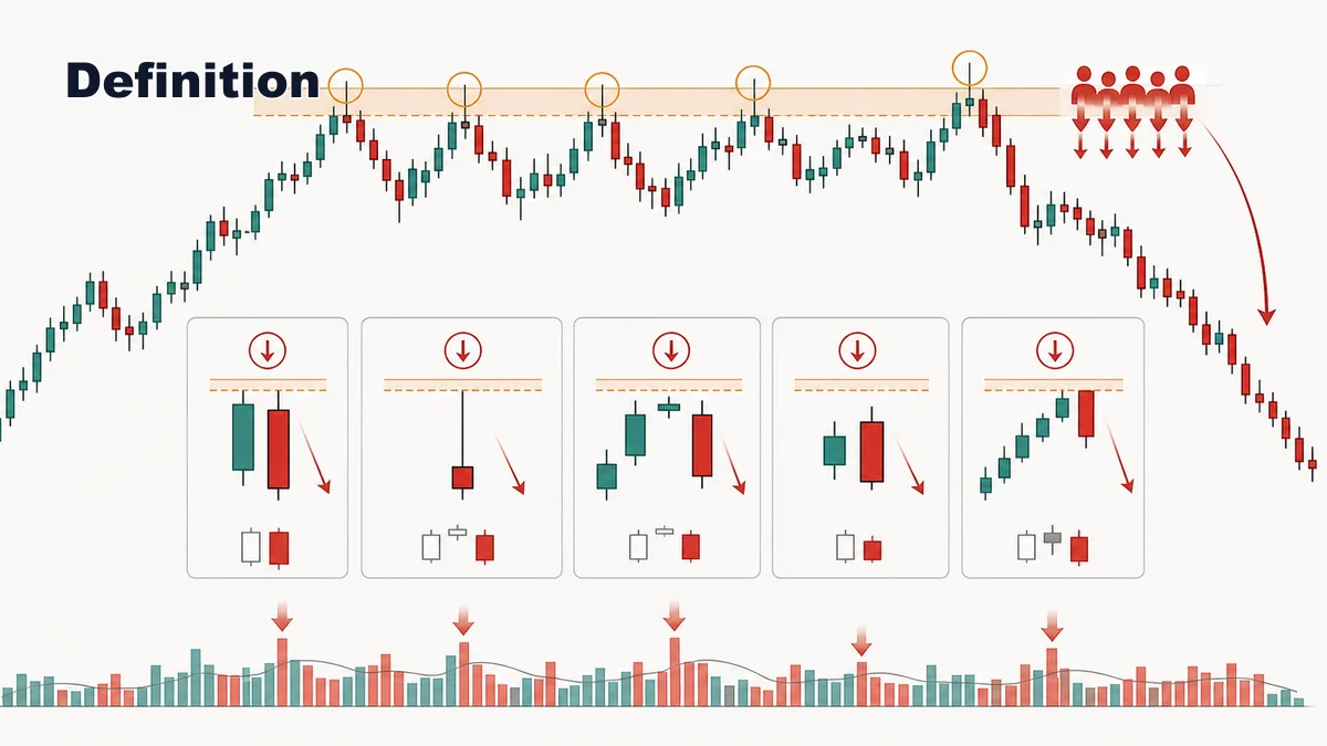 Bearish Candlestick Patterns Every Trader Should Know AI image defining bearish candlestick patterns with upper wicks resistance zone and seller rejection concept