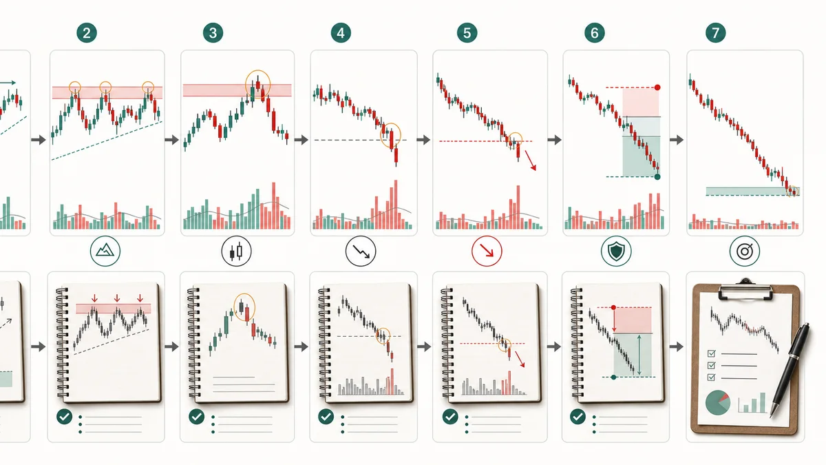 Bearish Candlestick Patterns Every Trader Should Know AI image showing step by step usage of bearish candlestick patterns from context to resistance pattern confirmation entry stop target and review