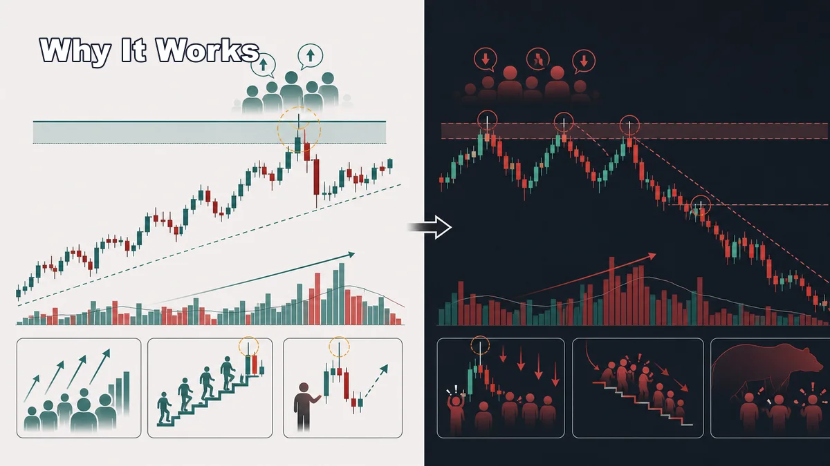 Bearish Candlestick Patterns Every Trader Should Know AI image showing why bearish candlestick patterns work through upper wick rejection trapped buyers resistance and seller pressure