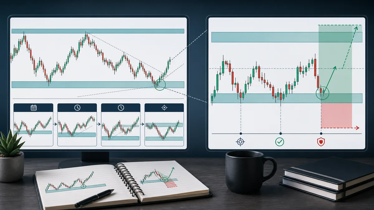 The Best Timeframes for Drawing MSNR Levels Codex AI image showing MSNR entry invalidation and stop loss logic across higher timeframe support resistance and lower timeframe trigger