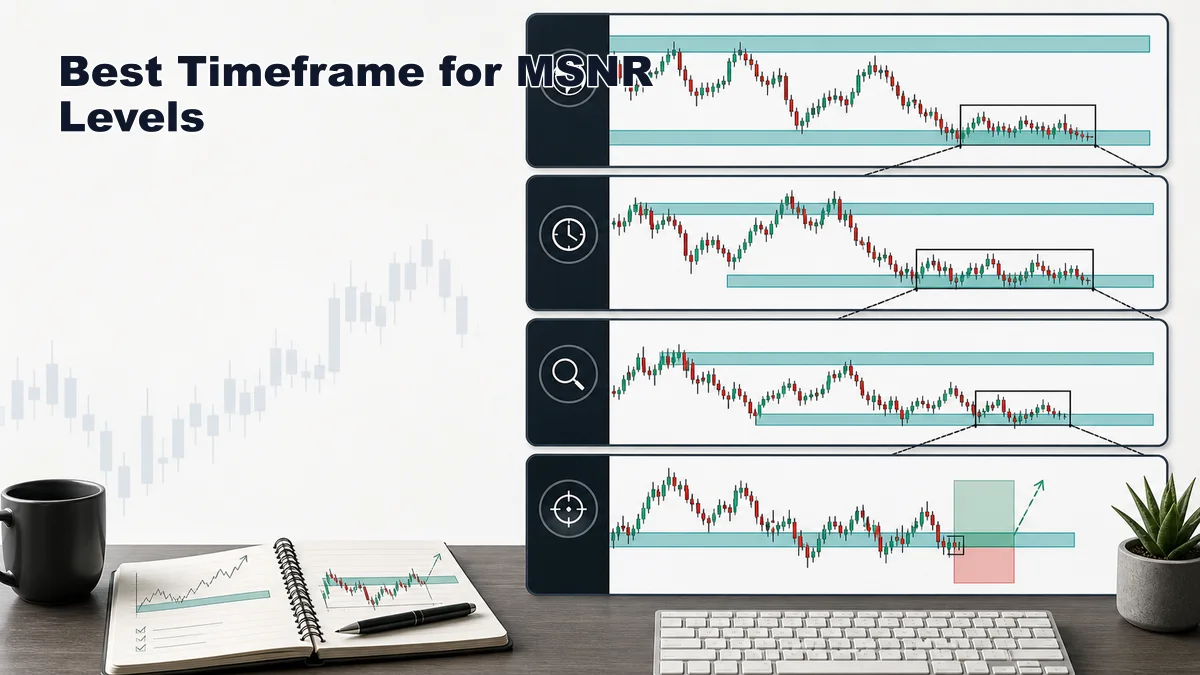 The Best Timeframes for Drawing MSNR Levels Codex AI image explaining best timeframe for MSNR levels with daily four hour one hour and fifteen minute chart panels