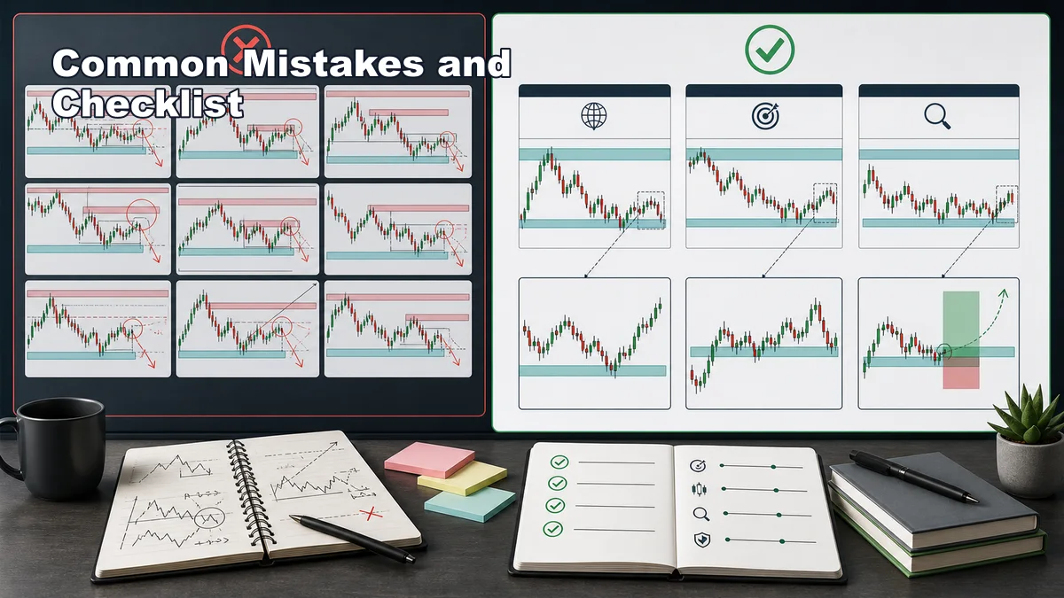 The Best Timeframes for Drawing MSNR Levels Codex AI image showing common mistakes and checklist for best timeframe for MSNR levels with cluttered and clean chart comparison