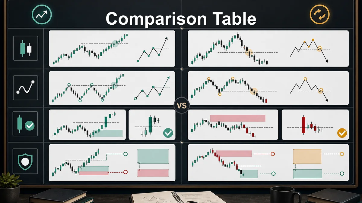 Break of Structure vs Change of Character Comparison table for Break of Structure versus Change of Character with chart rows for direction, context, confirmation, and risk