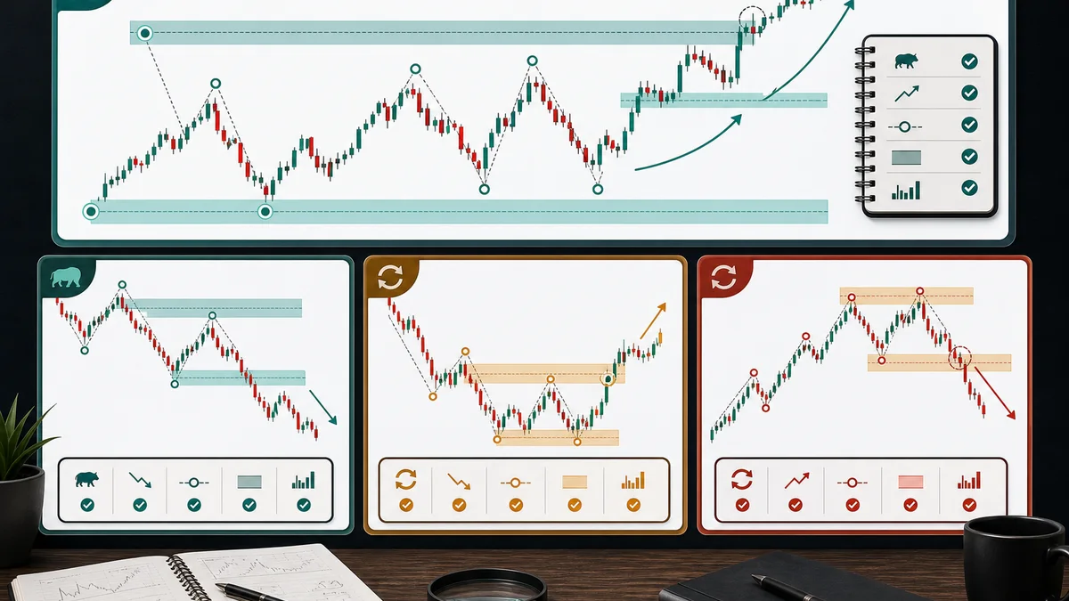 Break of Structure vs Change of Character Examples of Break of Structure and Change of Character on bullish and bearish market structure charts