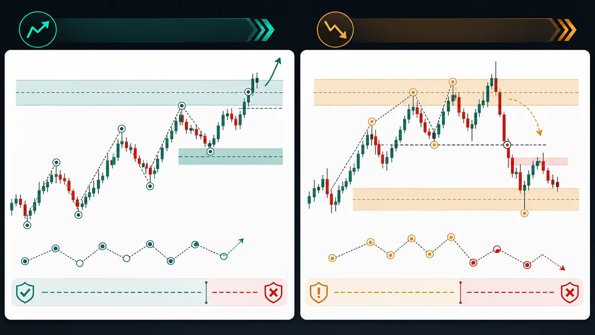 Break of Structure vs Change of Character Key differences between Break of Structure and Change of Character with continuation and reversal warning chart panels
