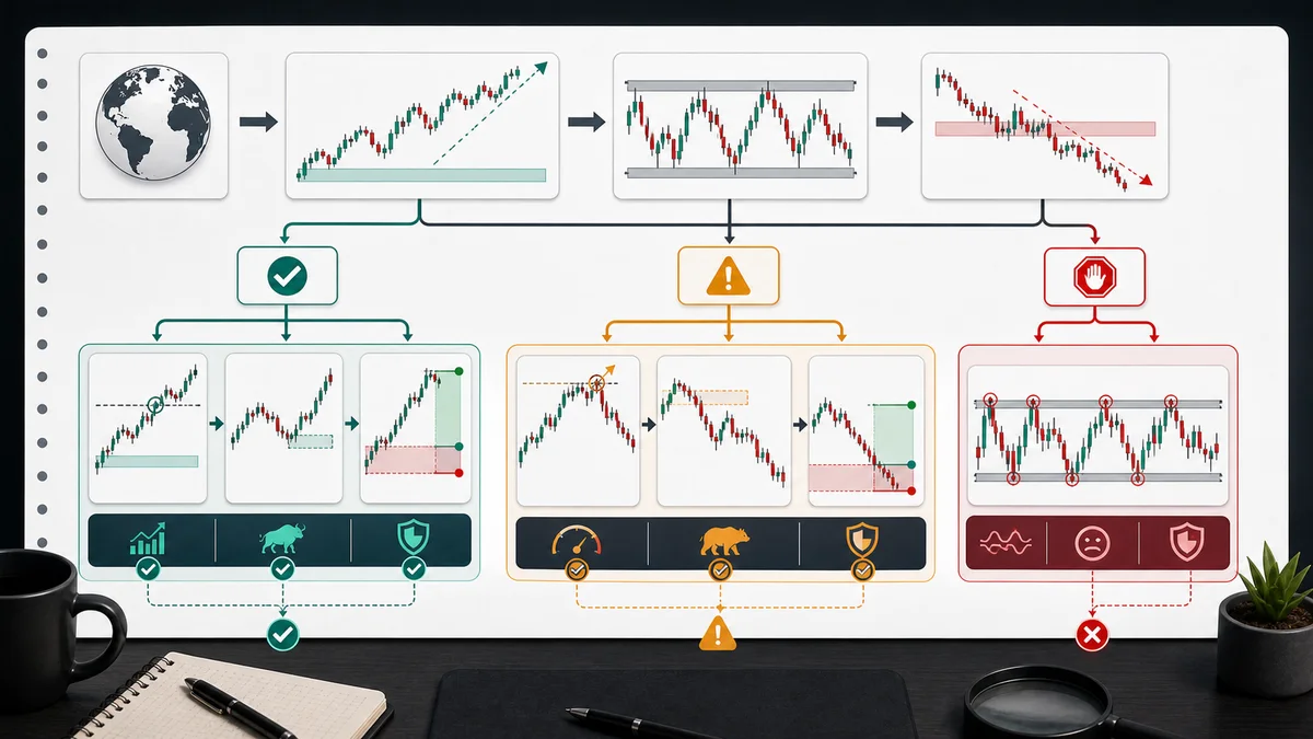 Break of Structure vs Change of Character When to use Break of Structure versus Change of Character with trend continuation, reversal warning, and no trade workflow paths