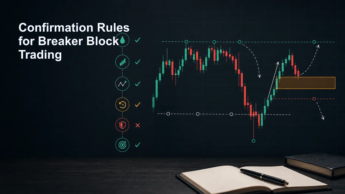 Breaker Block Trading Guide Confirmation rules for breaker block trading with liquidity sweep, displacement, structure shift, retest, invalidation, and target