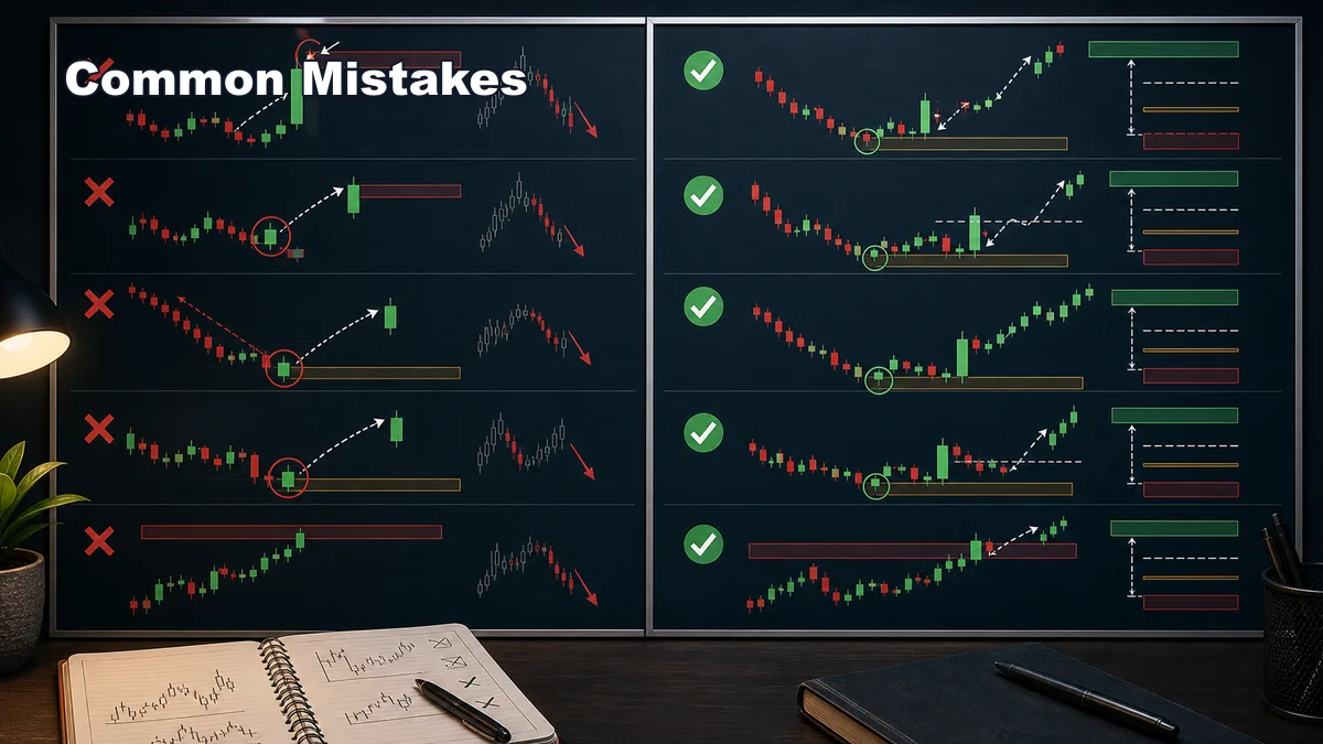 Bullish Candlestick Patterns Every Trader Should Know AI image showing common bullish candlestick pattern mistakes with chasing candles, ignoring trend, no stop loss, weak context, and corrected checklist