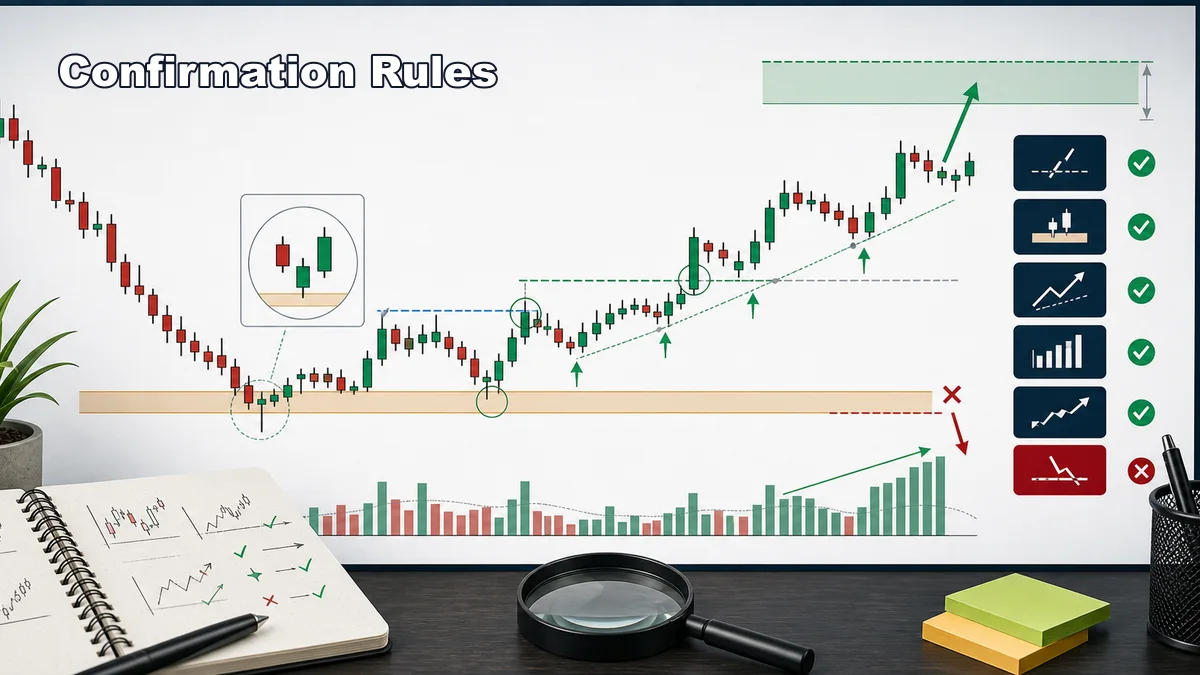 Bullish Candlestick Patterns Every Trader Should Know AI image showing bullish candlestick confirmation rules with pattern high break, support hold, volume, higher low, invalidation, and target zone