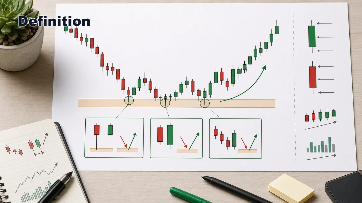 Bullish Candlestick Patterns Every Trader Should Know AI image defining bullish candlestick patterns with candle bodies, lower wicks, support zone, and buyer rejection concept