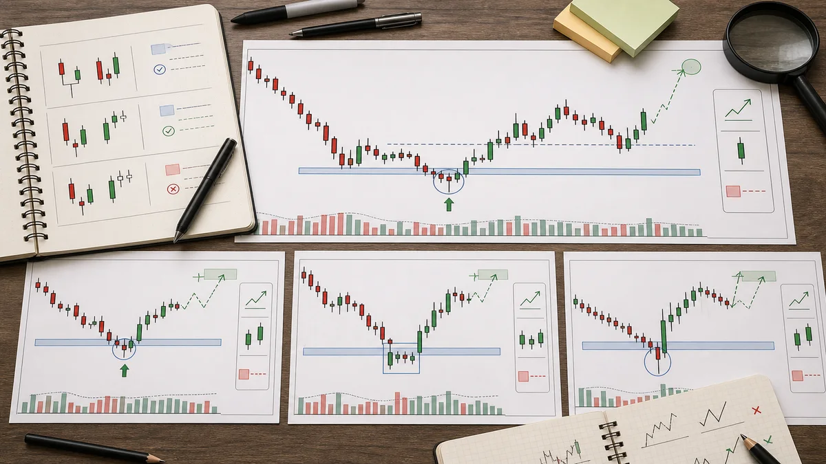 Bullish Candlestick Patterns Every Trader Should Know AI image showing bullish candlestick pattern examples including hammer at support, engulfing after pullback, morning star reversal, and piercing line setup