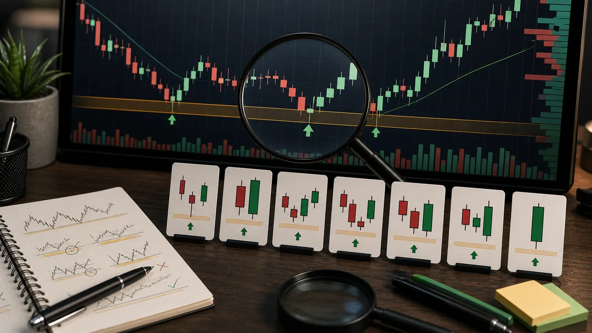 Bullish Candlestick Patterns Every Trader Should Know AI image showing how to identify bullish candlestick patterns including hammer, bullish engulfing, morning star, piercing line, and tweezer bottom at support