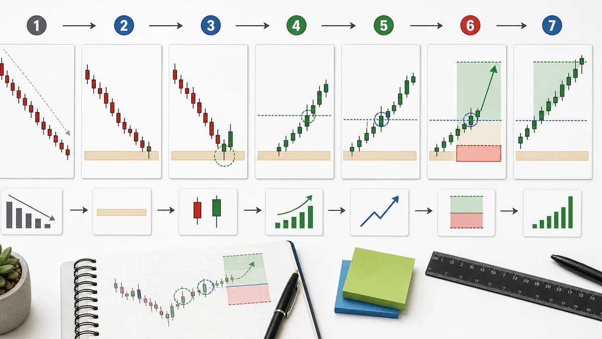 Bullish Candlestick Patterns Every Trader Should Know AI image showing step by step usage of bullish candlestick patterns from context to support, pattern, confirmation, entry, stop, target, and journal review