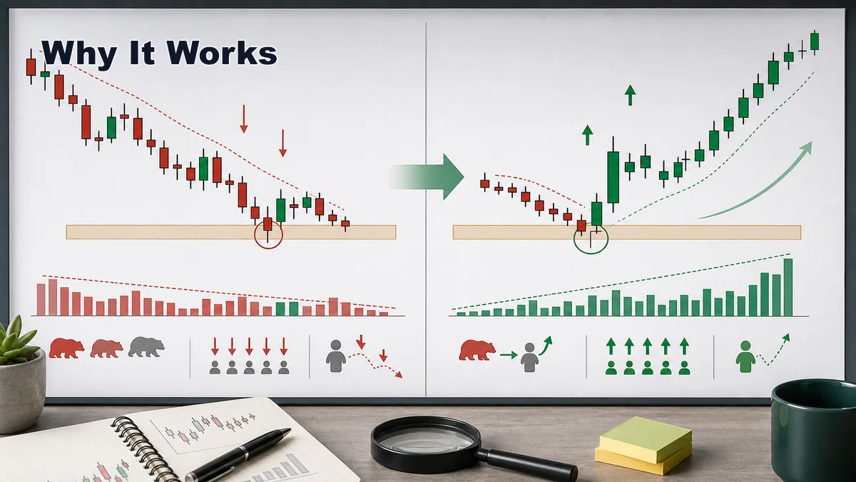 Bullish Candlestick Patterns Every Trader Should Know AI image showing why bullish candlestick patterns work through buyer rejection, short covering, support defense, and momentum shift