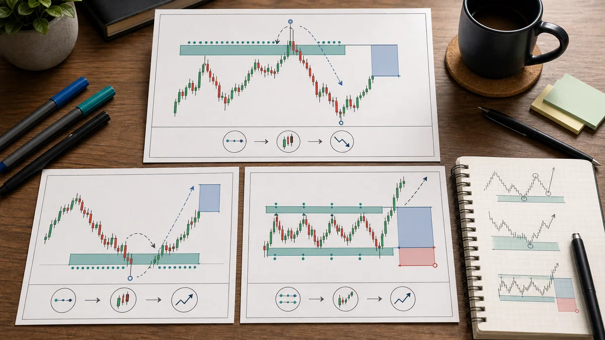 Buy-Side Liquidity and Sell-Side Liquidity Explained Examples of buy-side and sell-side liquidity showing range highs, range lows, sweep reversal, and breakout acceptance