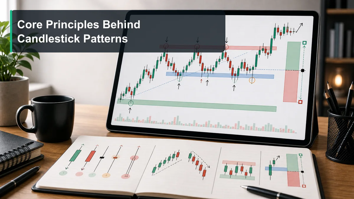 Candlestick Patterns: Complete Guide for Traders A candlestick chart showing core principles such as candle body size, wick rejection, location, trend context, and risk area