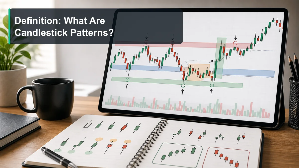 Candlestick Patterns: Complete Guide for Traders A clean chart explaining candlestick patterns with candle bodies, upper wicks, lower wicks, and market reaction zones