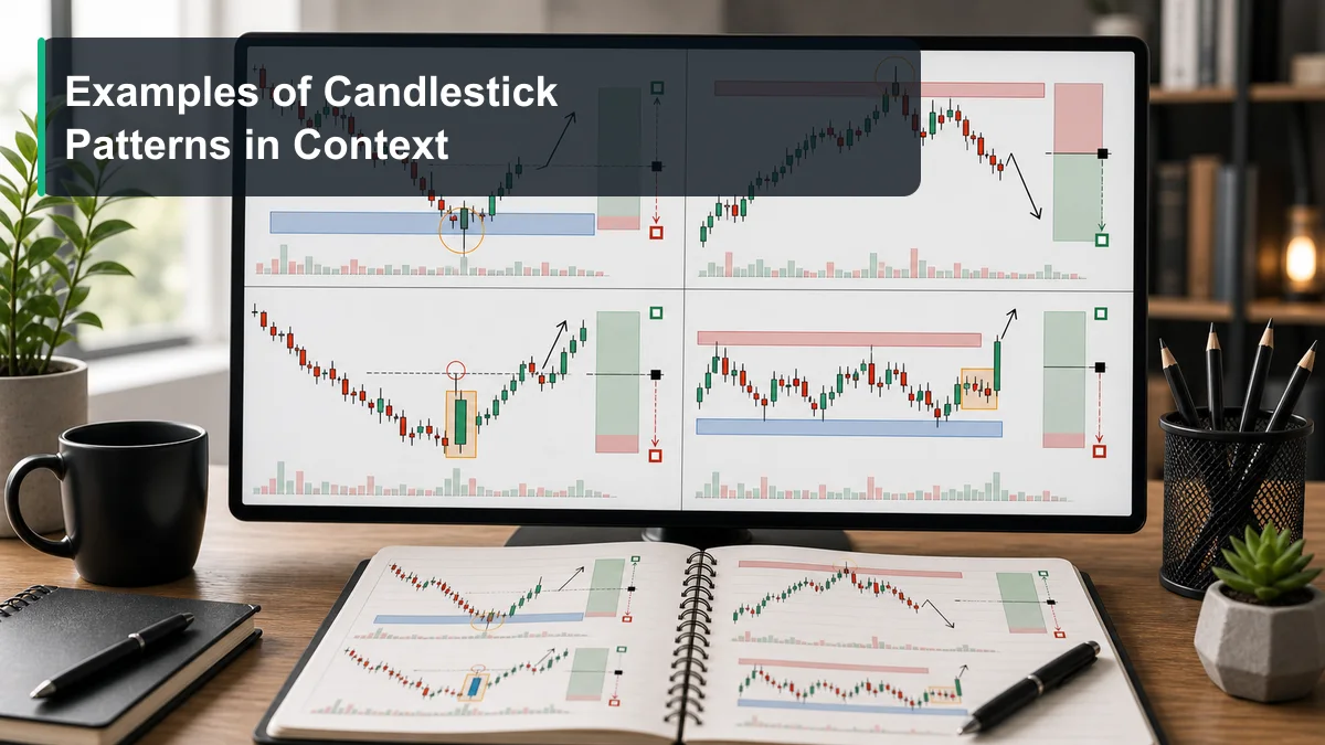 Candlestick Patterns: Complete Guide for Traders Examples of candlestick patterns in context including bullish rejection at support, bearish rejection at resistance, engulfing pattern, and inside bar breakout