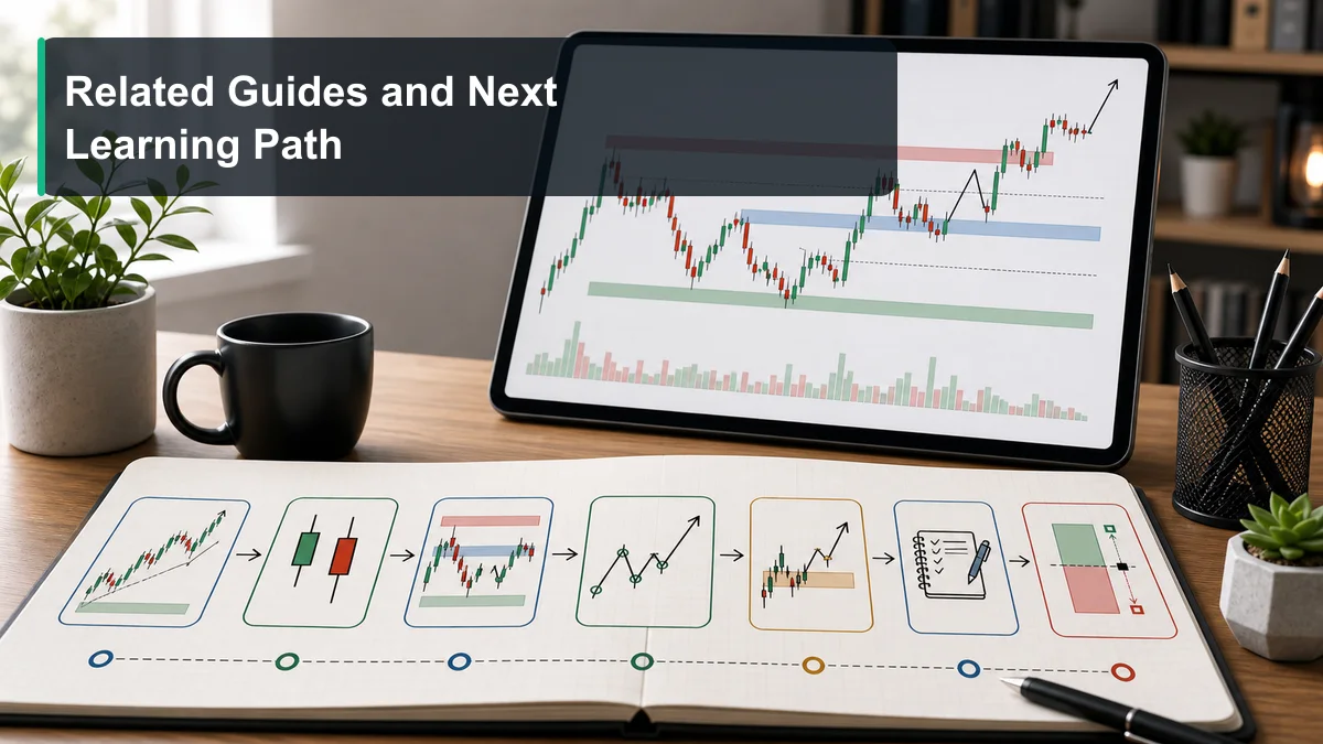 Candlestick Patterns: Complete Guide for Traders A learning path for candlestick traders showing price action, support and resistance, market structure, candlestick models, trading workflow, journaling, and risk management