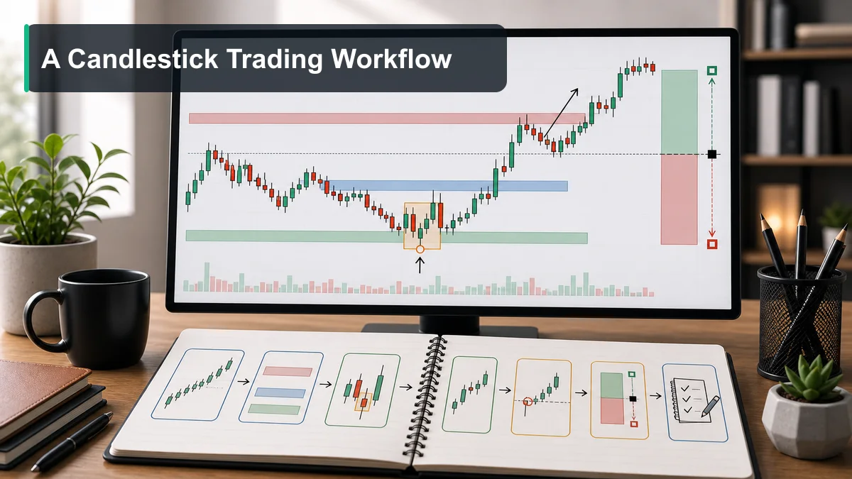 Candlestick Patterns: Complete Guide for Traders A candlestick trading workflow showing market context, key level, candle pattern, confirmation, entry, stop loss, target, and journal review