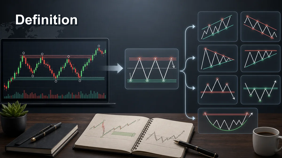 Chart Patterns: Complete Guide for Traders Definition of chart patterns with candlestick chart structure, swing highs, swing lows, trendlines, support and resistance