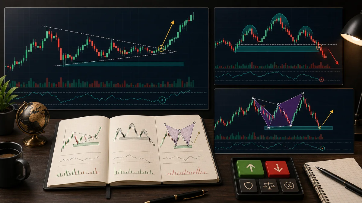 Chart Patterns: Complete Guide for Traders Chart pattern examples showing triangle breakout failed head and shoulders and harmonic reversal near support