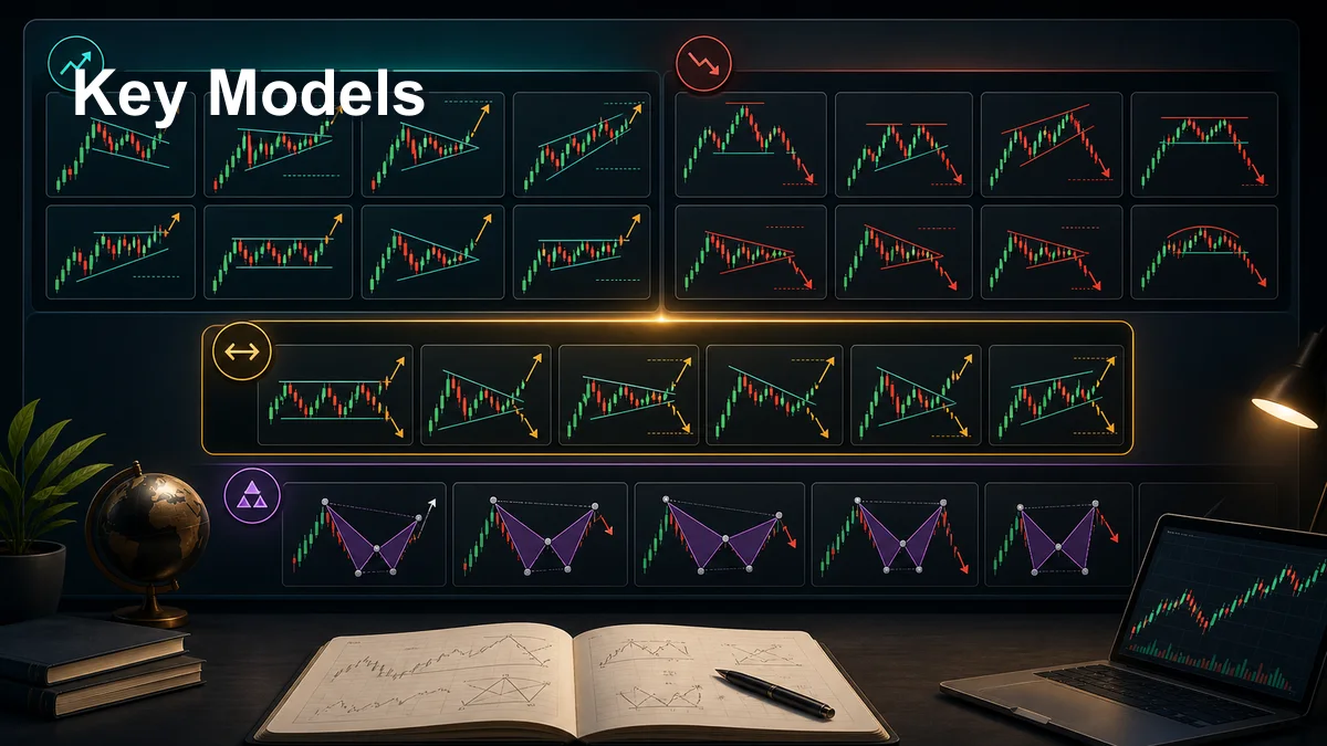 Chart Patterns: Complete Guide for Traders Key chart pattern models showing continuation reversal bilateral and harmonic pattern families on trading charts