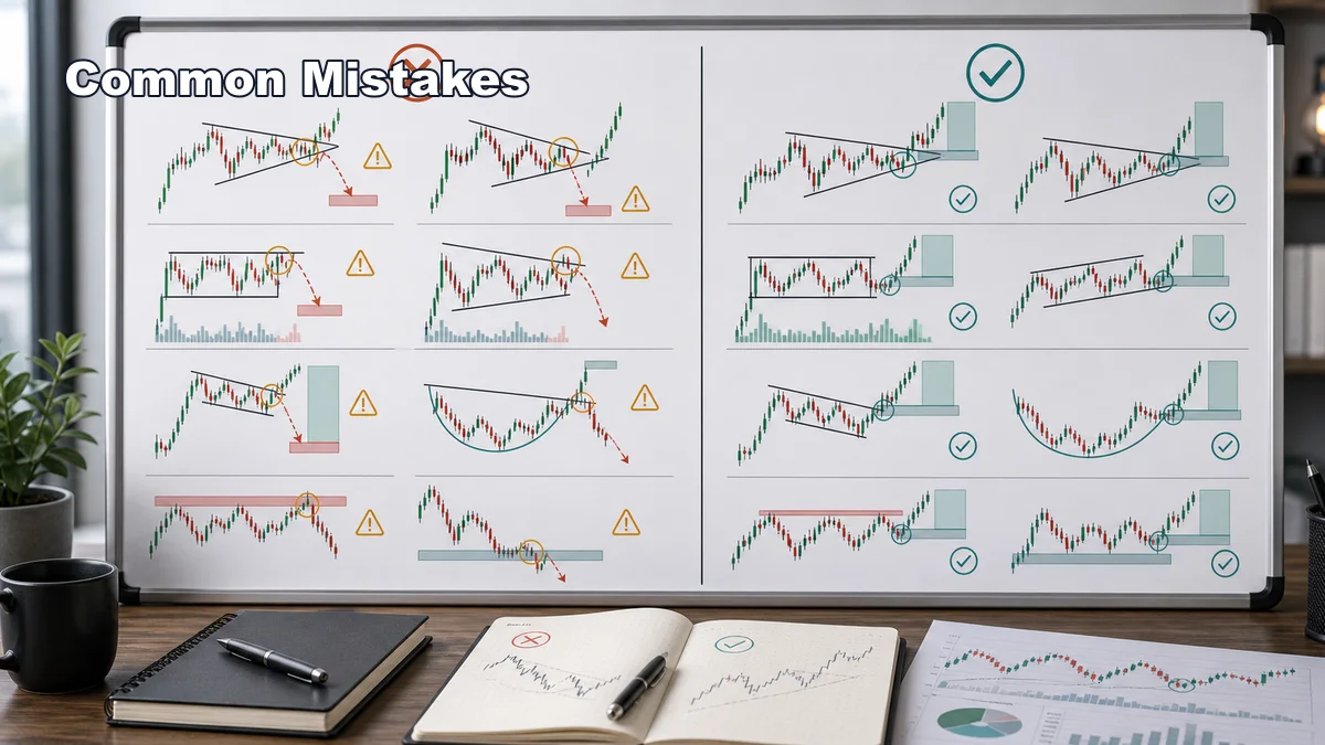 Classic Chart Patterns Cheat Sheet AI image showing common classic chart pattern mistakes and corrected chart pattern trading plan