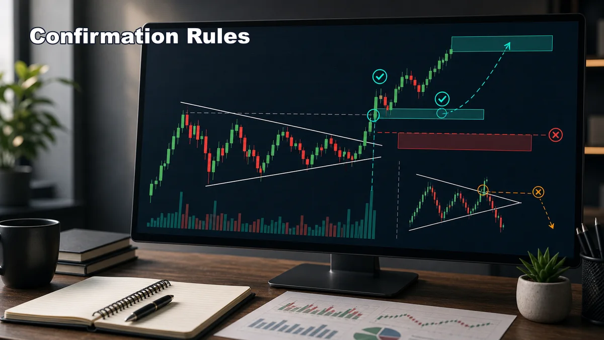 Classic Chart Patterns Cheat Sheet AI image showing chart pattern confirmation rules with breakout retest invalidation and target zone