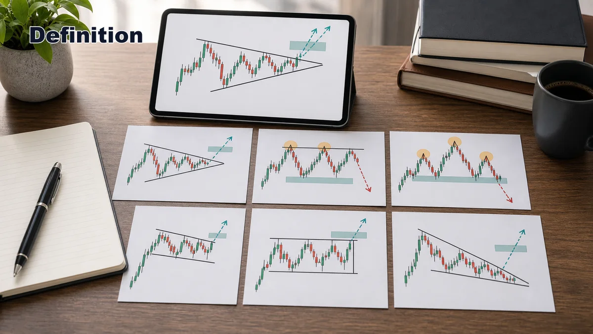 Classic Chart Patterns Cheat Sheet AI image showing classic chart pattern definitions with triangle double top head and shoulders flag and rectangle cards