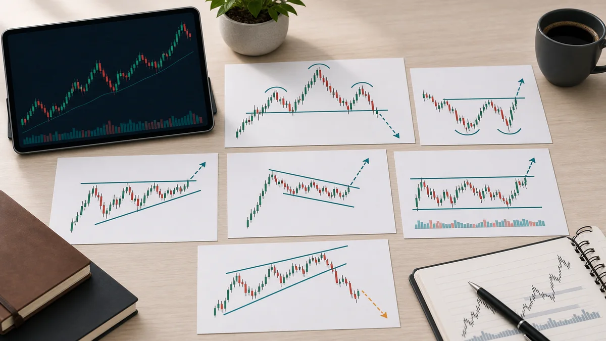 Classic Chart Patterns Cheat Sheet AI image showing examples of classic chart patterns including head and shoulders double bottom triangle flag rectangle and wedge