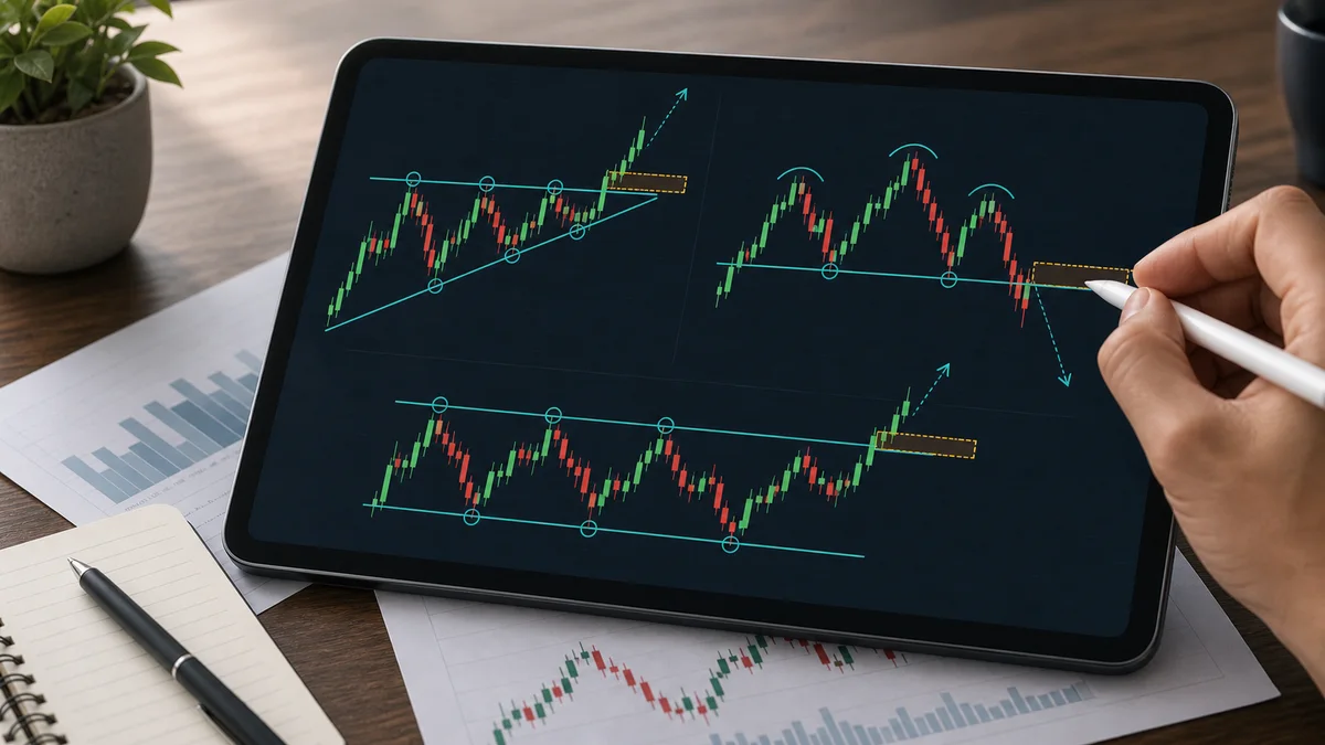 Classic Chart Patterns Cheat Sheet AI image showing how to identify classic chart patterns by drawing trendlines neckline and range boundaries