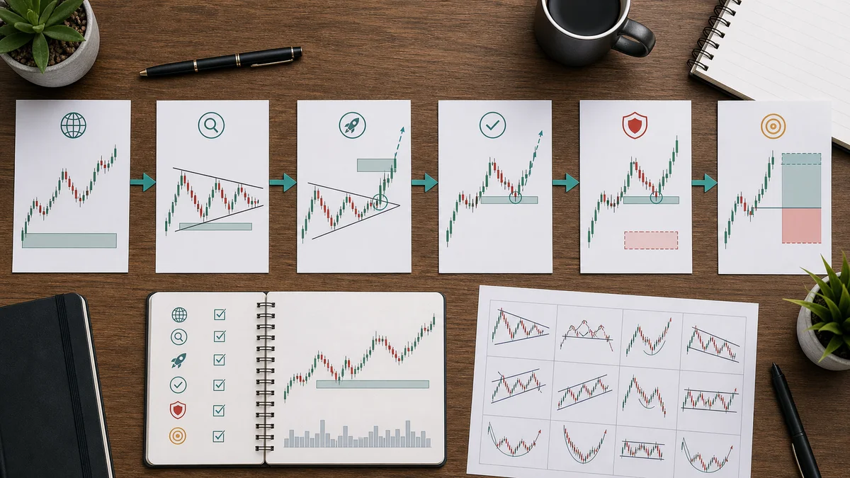 Classic Chart Patterns Cheat Sheet AI image showing step by step usage of classic chart patterns from context to breakout retest risk and target