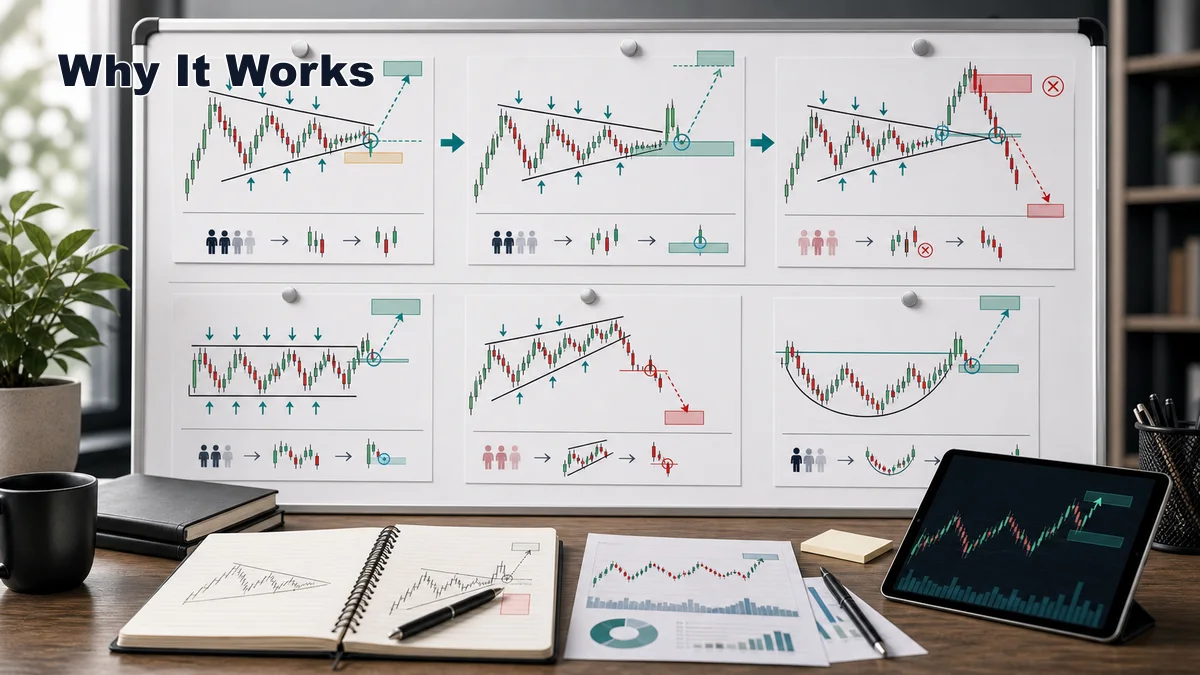 Classic Chart Patterns Cheat Sheet AI image showing why classic chart patterns work through compression breakout retest and trapped traders