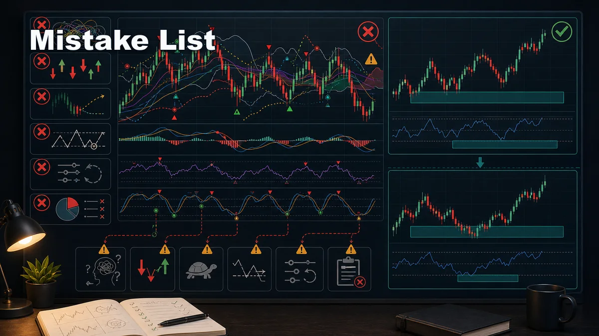Common Indicator Mistakes Traders Make Mistake list for common indicator mistakes with chart clutter, conflicting signals, lagging entries, and poor risk planning