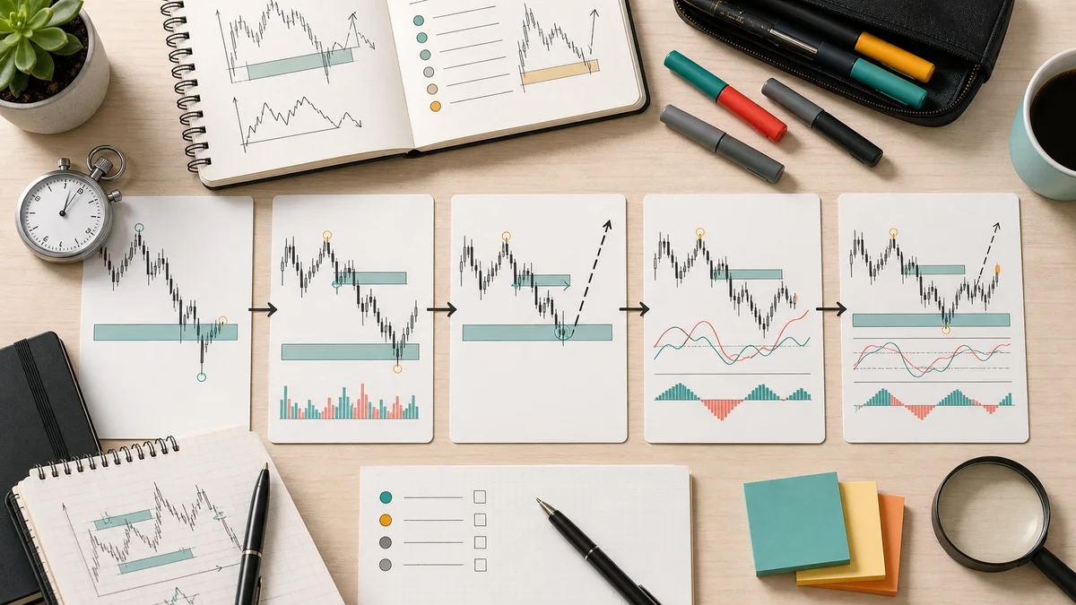 Common Indicator Mistakes Traders Make Practice drill for clean indicator review with chart cards, trading journal, structure check, and indicator signals added one by one