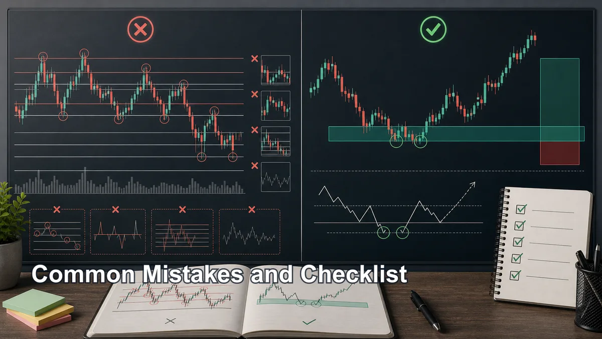 How to Draw Malaysian SNR Levels Step by Step Trading review board showing common mistakes when drawing MSNR levels and a corrected body-based zone checklist