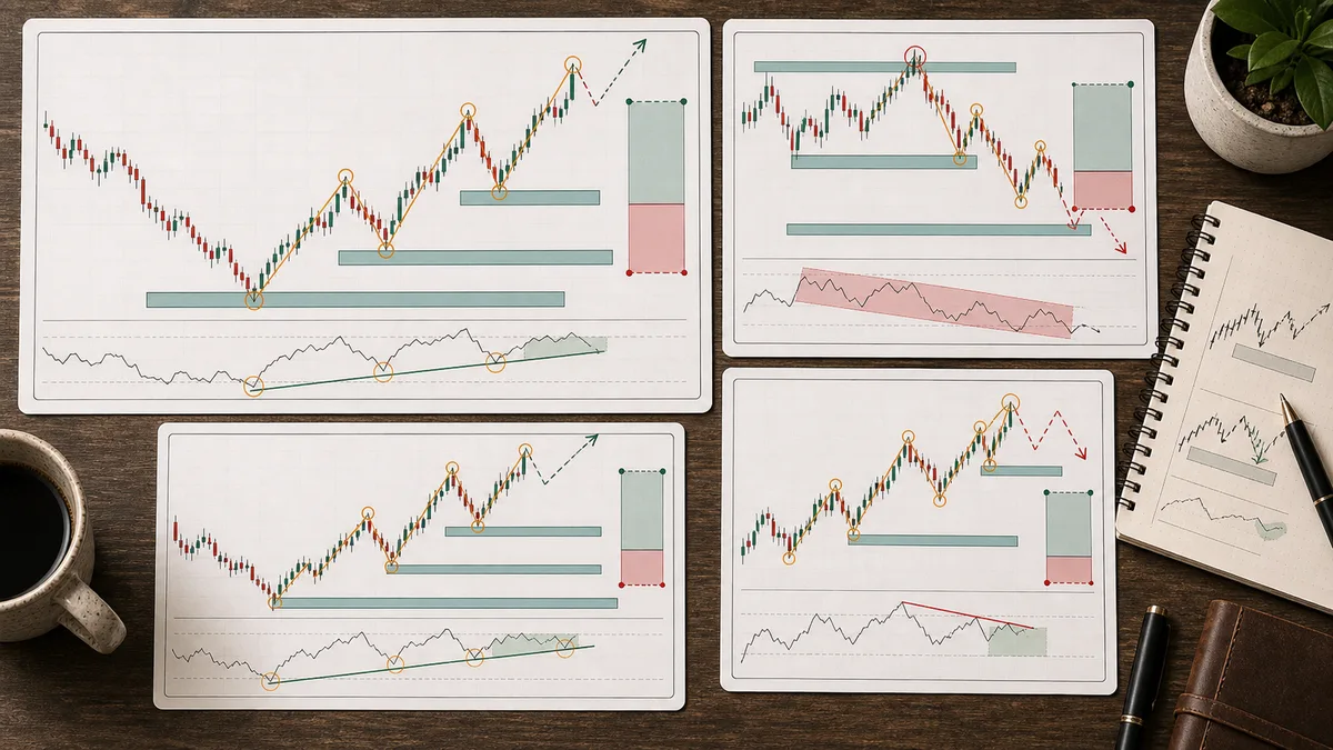 Elliott Wave Impulse Waves Explained Examples of Elliott Wave impulse waves showing bullish five wave advance, bearish five wave decline, wave three expansion, wave four pause, and wave five push