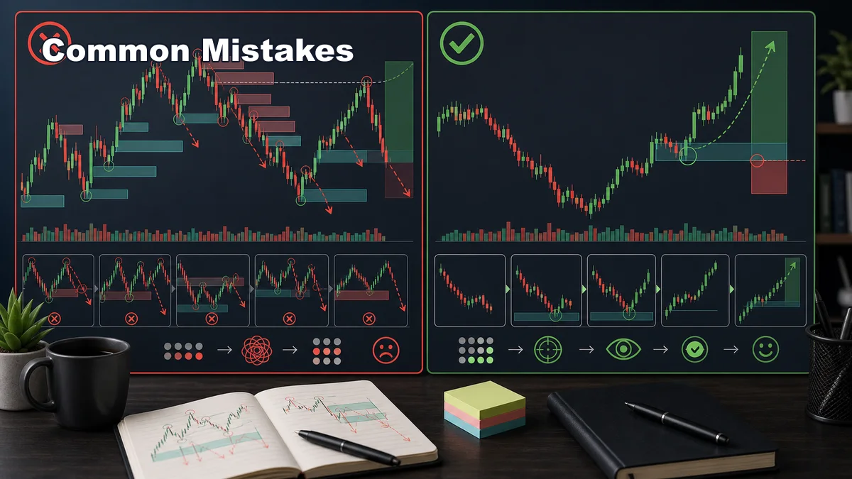 Fair Value Gaps: Identification, Validation and Failure Codex AI image showing common fair value gap trading mistakes with too many gaps, no context, chasing displacement, no invalidation, and corrected plan