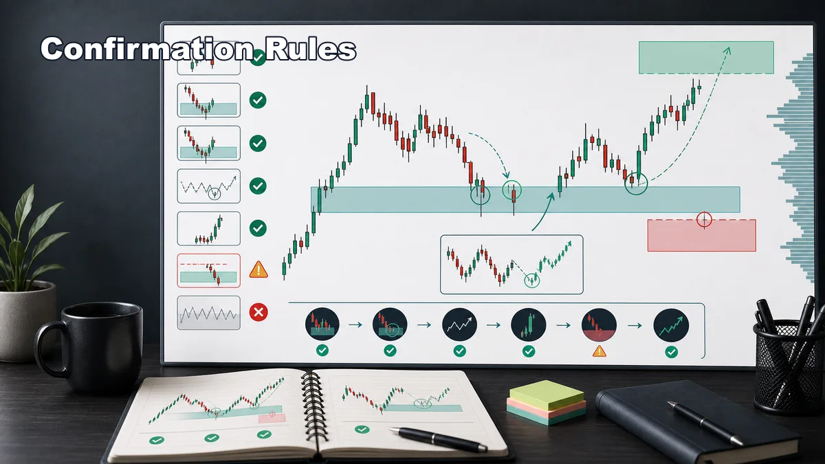 Fair Value Gaps: Identification, Validation and Failure Codex AI image showing fair value gap confirmation rules with retracement into imbalance, rejection, market structure shift, stop loss, invalidation, and target