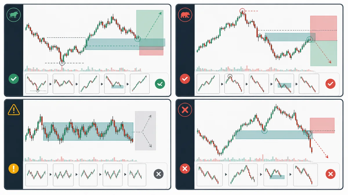 Fair Value Gaps: Identification, Validation and Failure Codex AI image showing bullish and bearish fair value gap trading examples with liquidity sweep, displacement, retracement, reaction, invalidation, and target