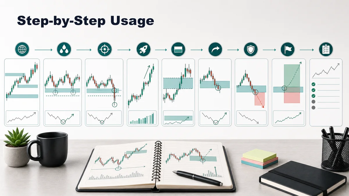 Fair Value Gaps: Identification, Validation and Failure Codex AI image showing fair value gap trading workflow from higher timeframe bias to liquidity sweep, displacement, FVG retracement, confirmation, invalidation, and journal review
