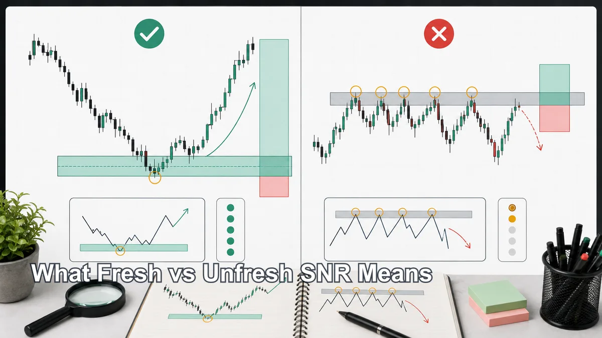 Fresh vs Unfresh SNR Levels: How to Judge Zone Quality Fresh and unfresh SNR zones compared on a chart with clean untouched level and repeatedly tested faded level